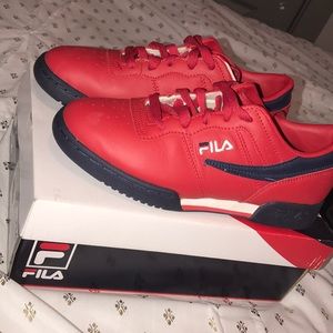 Red blue white fila shoes
